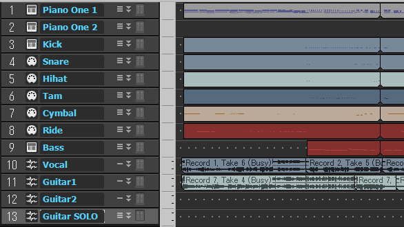 sonar画面　トラックビュー　MIDIクリップの整理をする