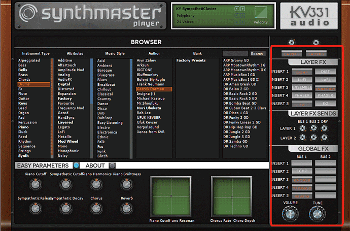 Synth Master Player Free LAYER FXとGLOBAL FX セクション