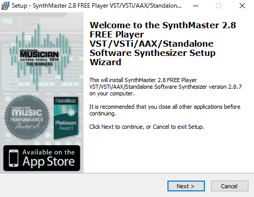 Synth Master Player Free　インストール開始画面